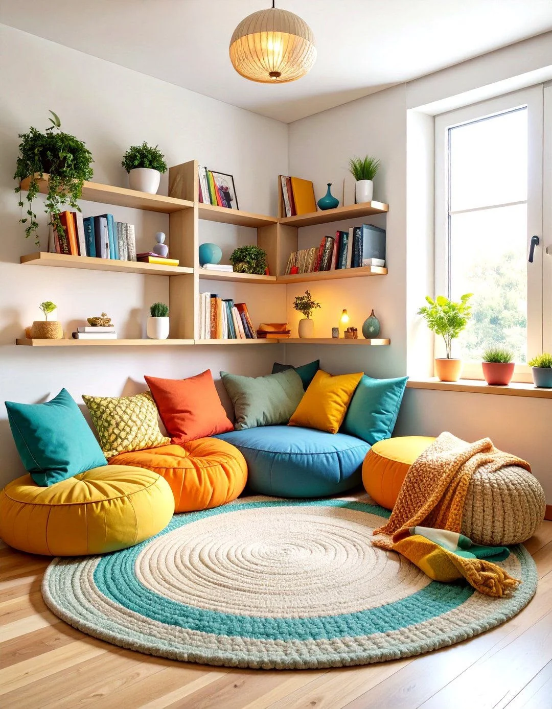 Colorful beanbags and cushions in a cozy modern room